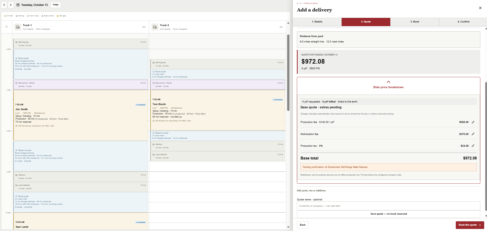 Actual quote screen showing quantity, mix, delivery charges and itemized total