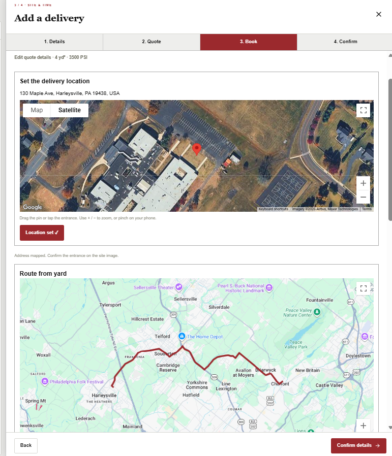 Satellite imagery of the delivery site and the route from the yard