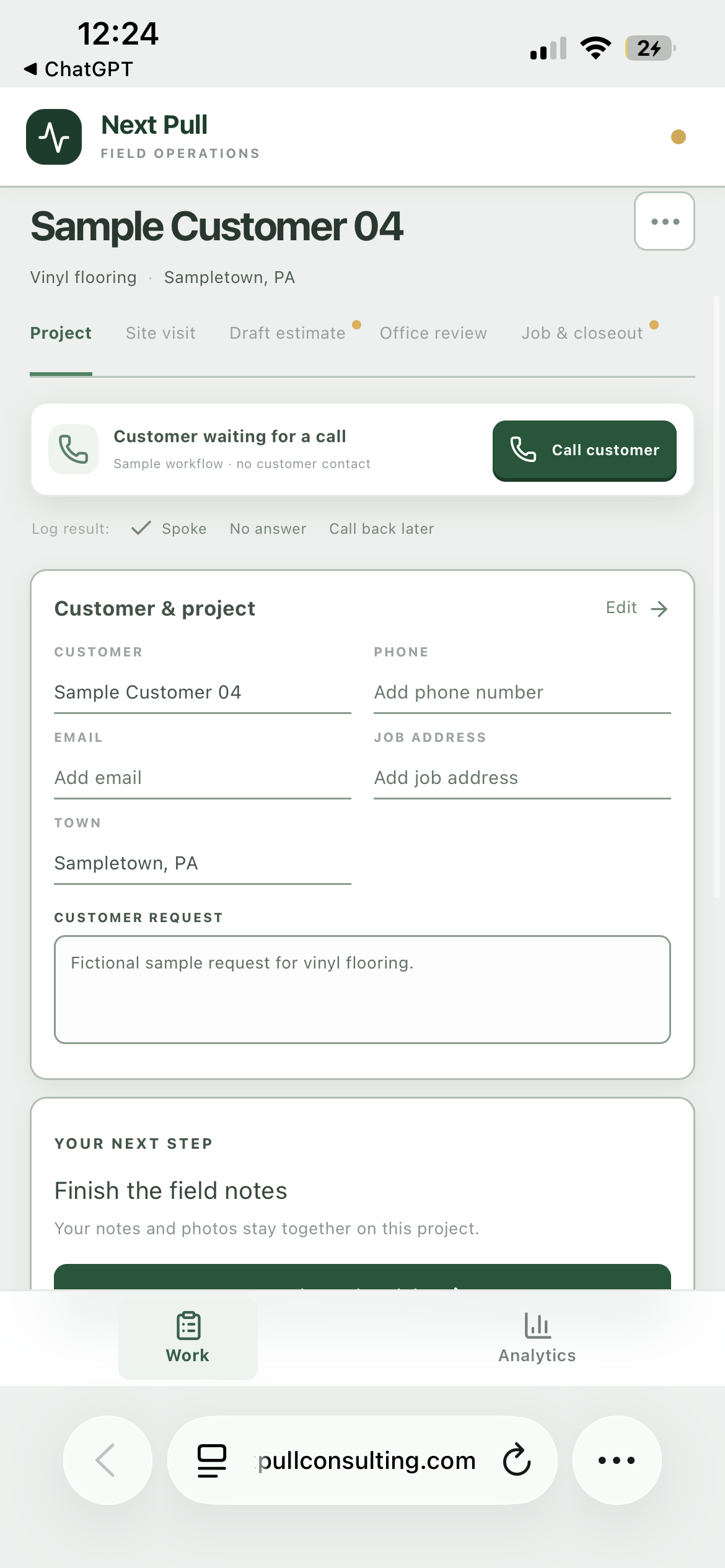 Sample project record with site visit, estimate, office review and closeout stages