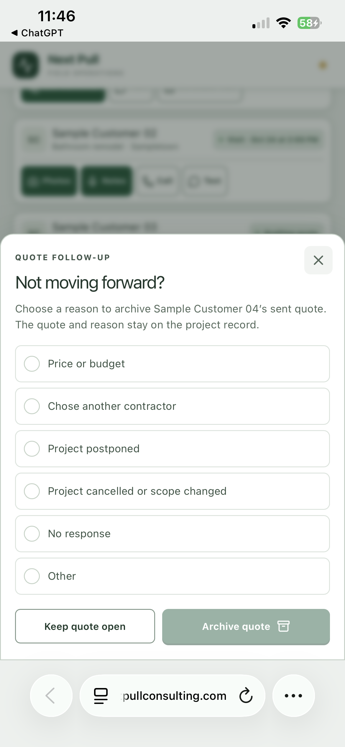 Demonstration quote closeout choices for a customer who is not moving forward