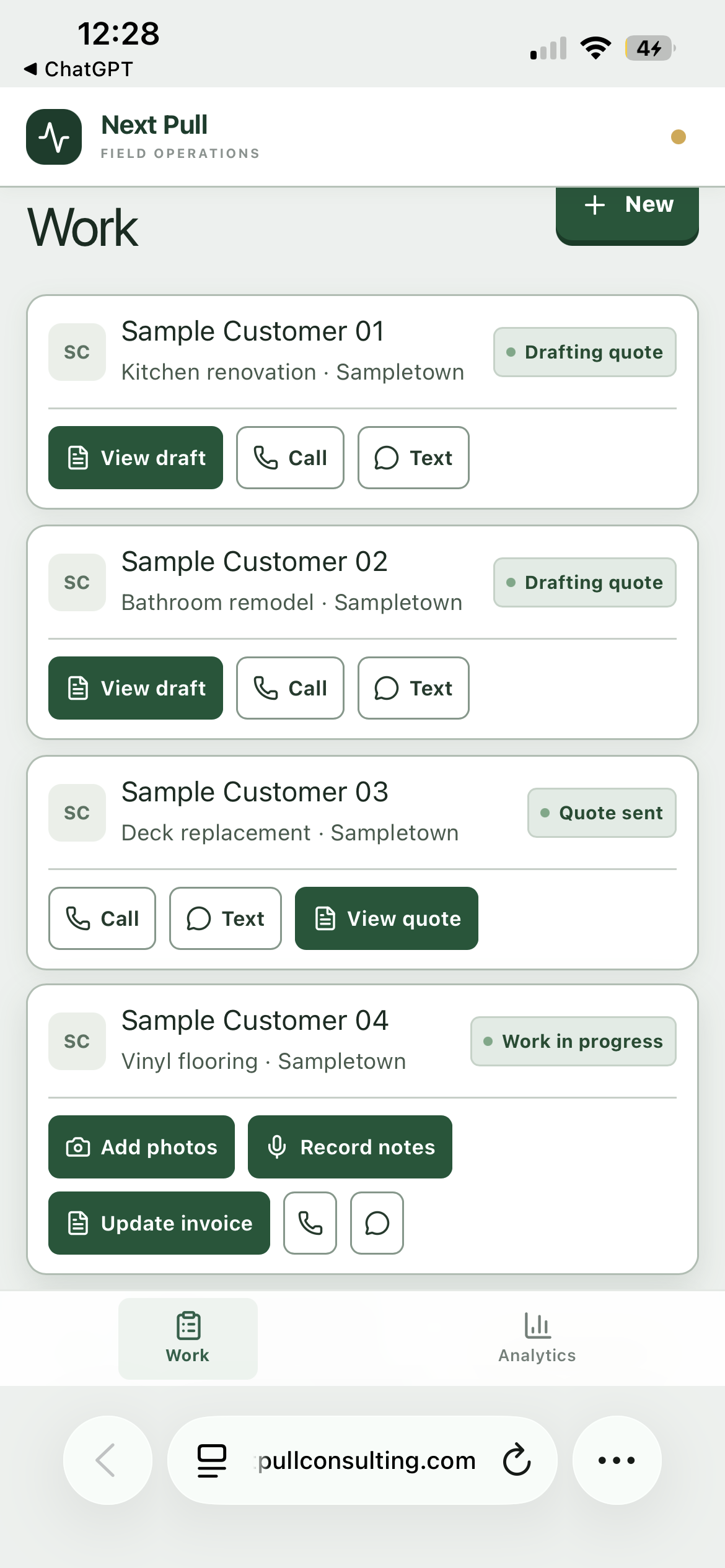 Sample contractor work list with draft quotes, a sent quote and an in-progress job
