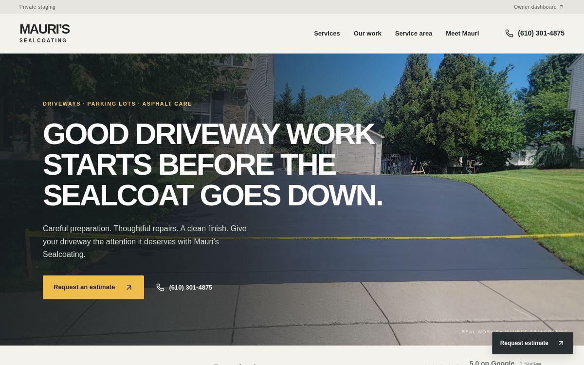 Mauri’s Sealcoating website preview with driveway photography, a phone number and a prominent estimate request