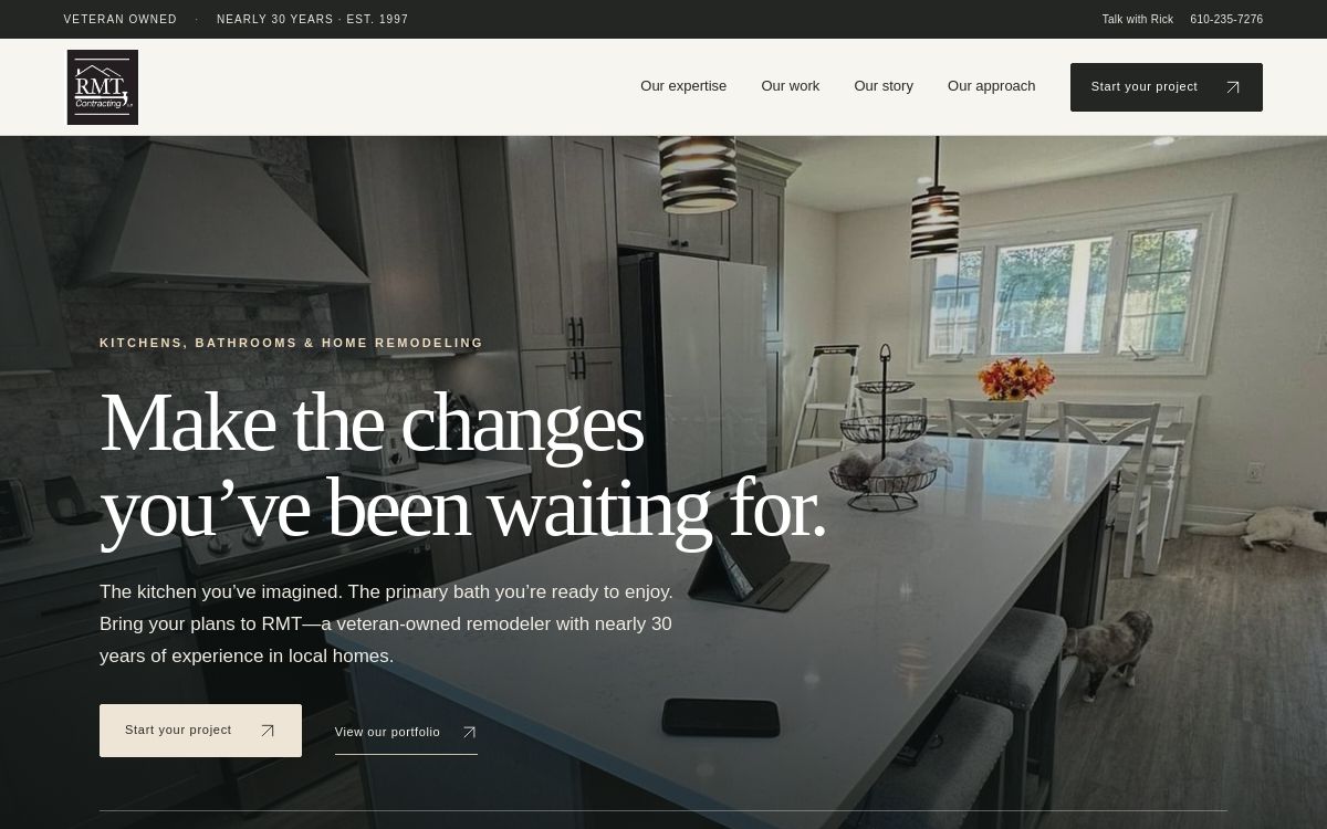 RMT Contracting website preview featuring a real kitchen project and a clear Start your project action